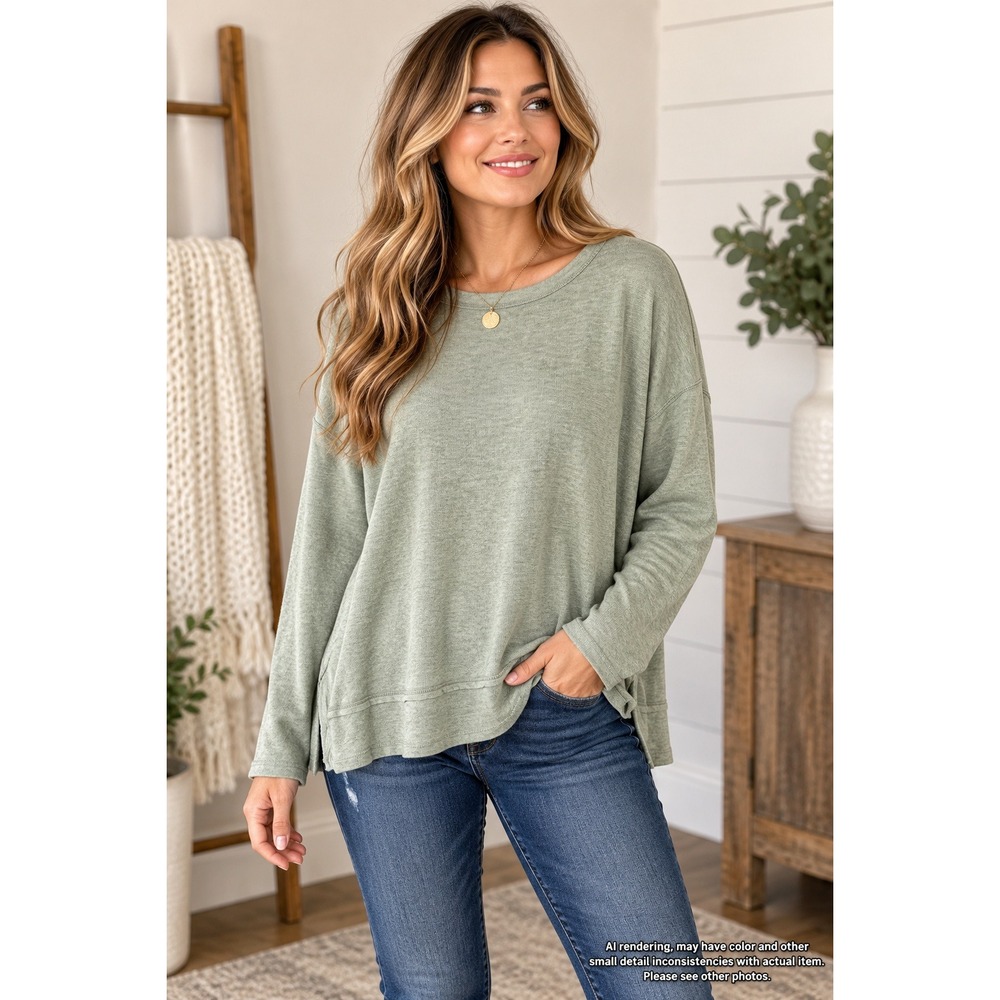 Jodifl Sage Green Heathered Knit Drop Shoulder Top Loungewear cozy